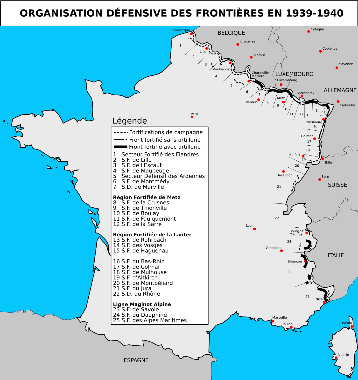 Carte de la Ligne Maginot © Duomaxw - licence [CC BY-SA 2.0 fr] from Wikimedia Commons