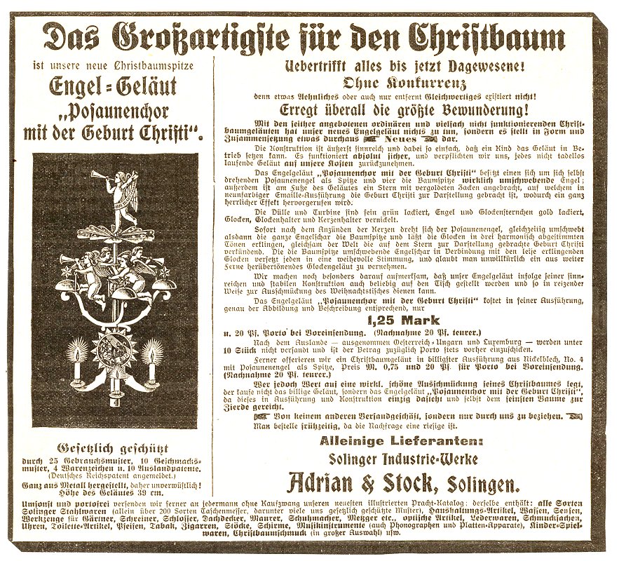 Promotion du carillon d'anges d'Adrian & Stock sur un journal allemand