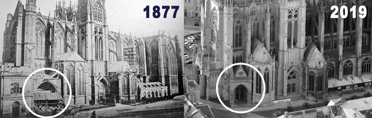 Le portail de la Vierge en 1877 et en 2019 (photomontage par French Moments)