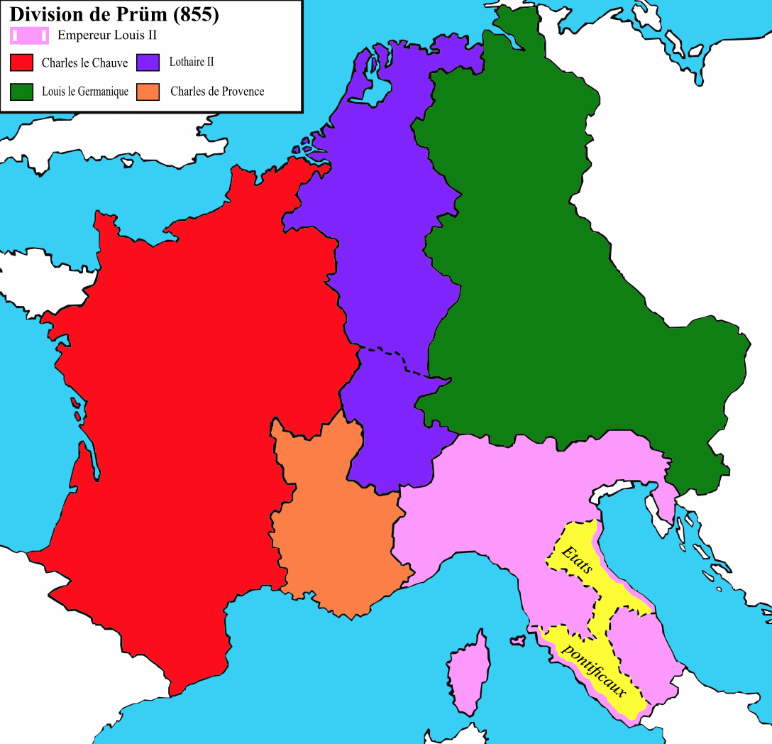 La Francie Mediane au Traité de Prüm (855) © Trasamundo - licence [CC BY-SA 3.0] from Wikimedia Commons