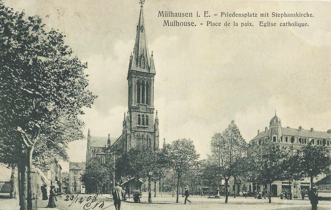 Carte Postale de l'église Saint-Etienne à Mulhouse datant de 1908