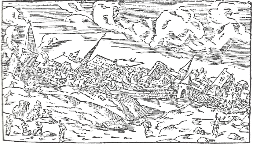 Vieille gravure représentant le tremblement de terre de Bâle en 1356