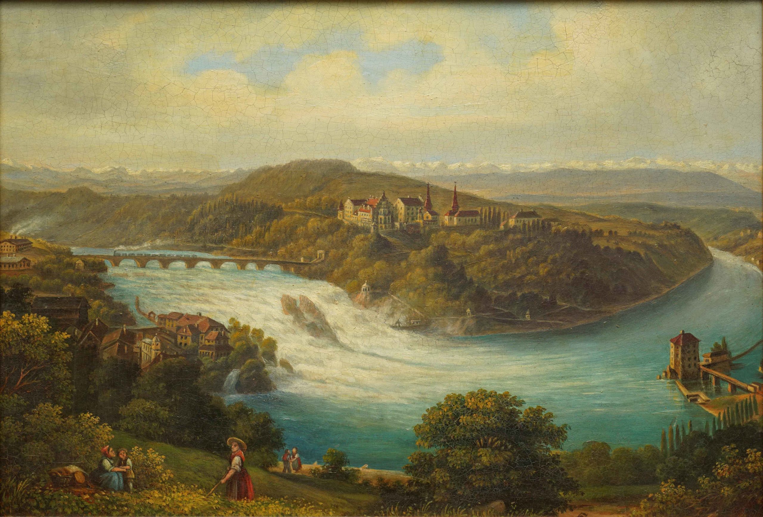 Heinrich Müller Chutes du Rhin avec usines et pont de chemin de fer vers 1870