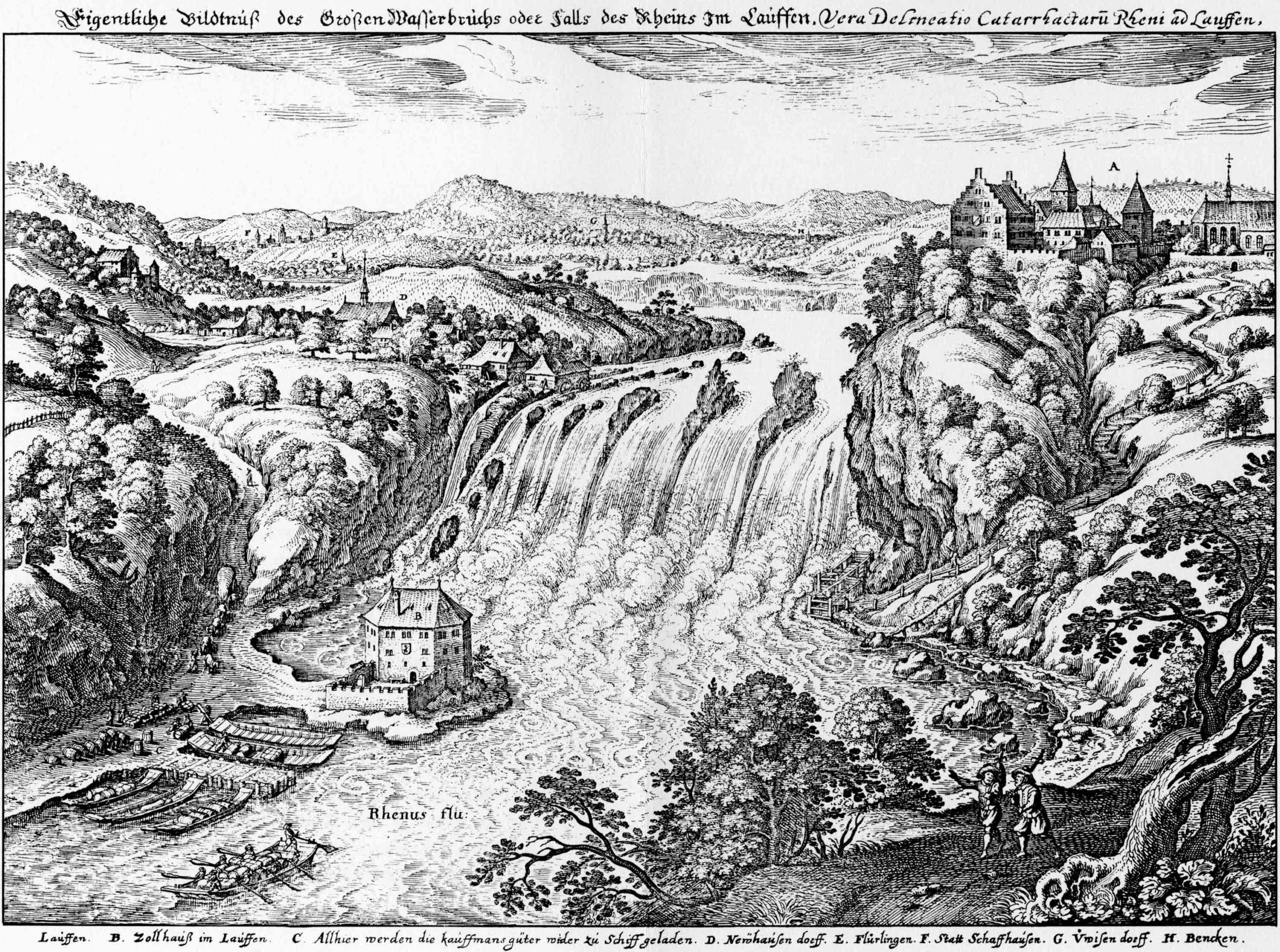 Représentation des chutes du Rhin en 1642 par Merian
