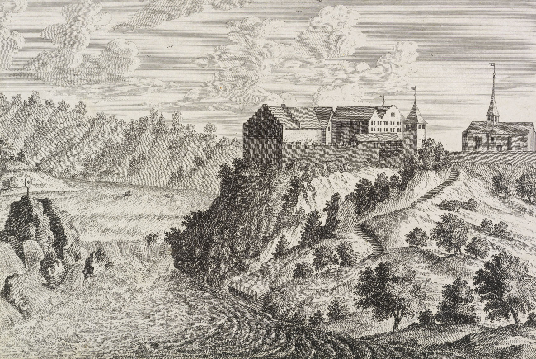 Le château de Laufen. Gravure de David Herrliberger (vers 1750)