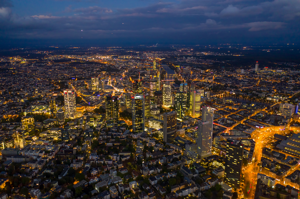 Frankfurt by night. Photo by S21aerials via Envato Elements