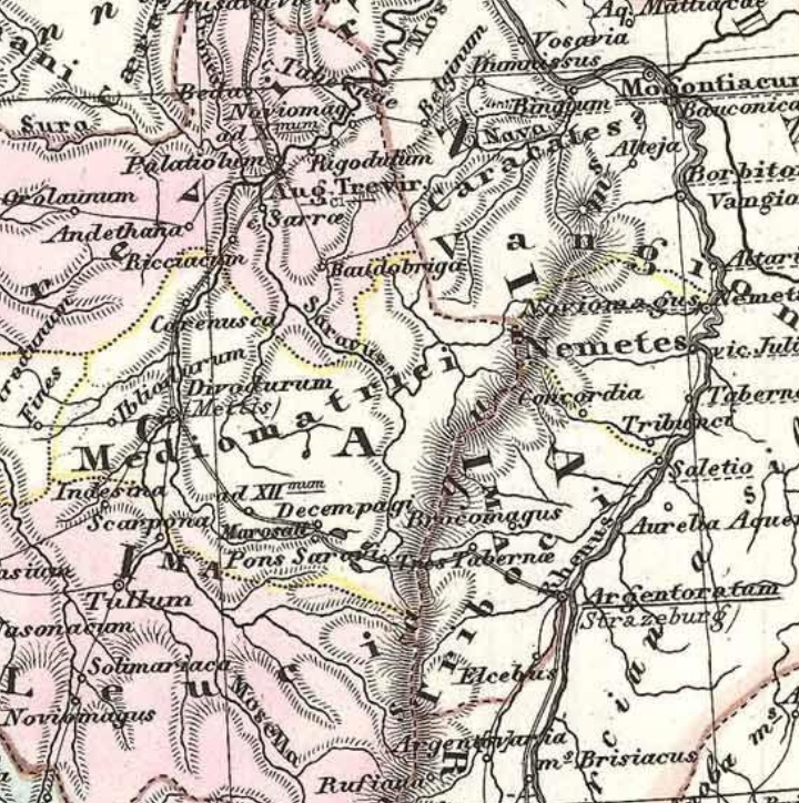 Romains en Lorraine. Carte de Karl Spruner 1865. Public Domain via Wikimedia Commons