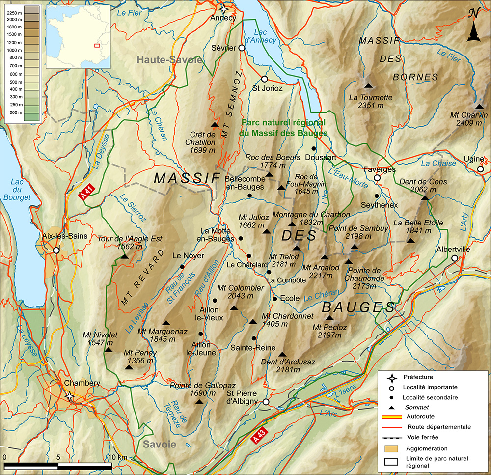 Massif des Bauges Carte © Boldair - licence [CC BY-SA 4.0] from Wikimedia Commons