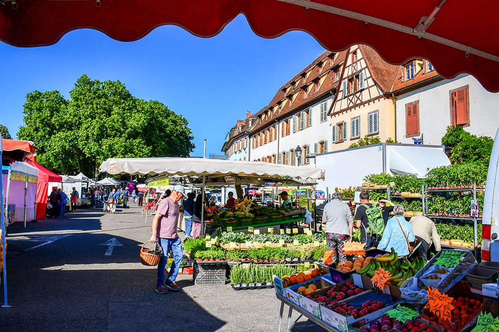 Market day in Turckheim on Place de la République on Friday morning
